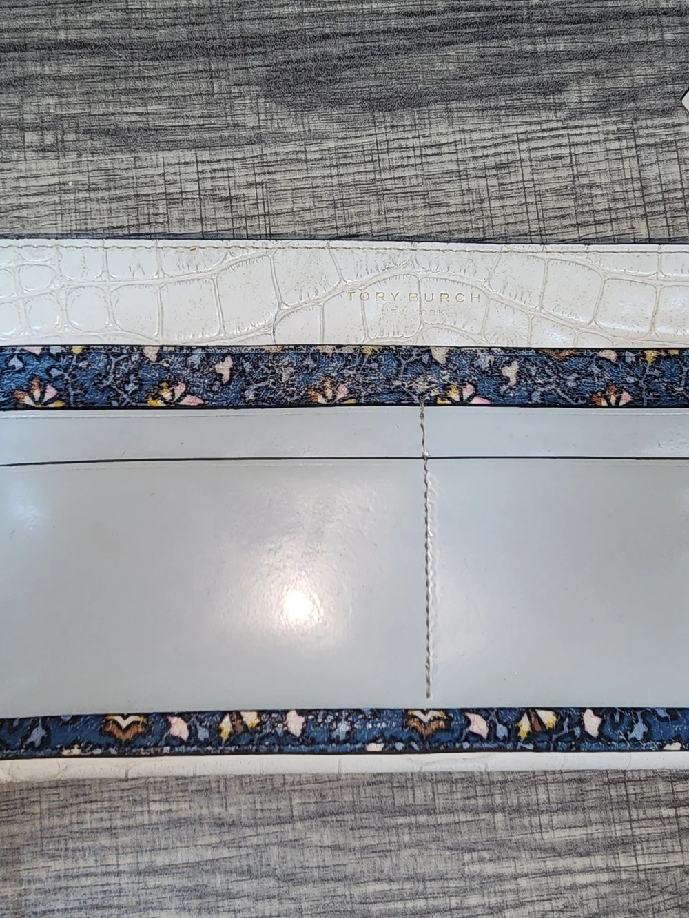 Tory Burch White Croc-Embossed Wallet with Navy Floral Trim